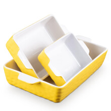 3Piece Ceramic Bakeware Set with Handles, OventoTable Rectangular Dishes, Microwave Dishwasher Safe, Yellow