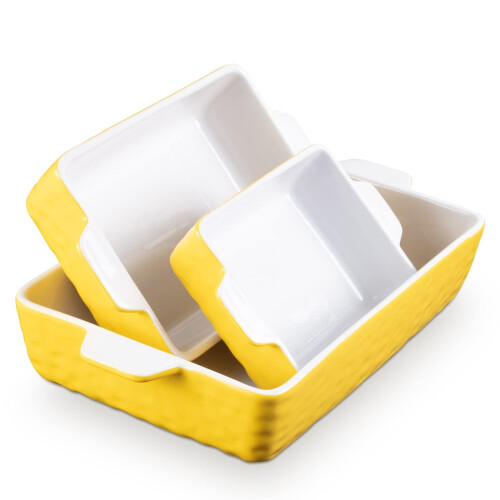 3Piece Ceramic Bakeware Set with Handles, OventoTable Rectangular Dishes, Microwave Dishwasher Safe, Yellow