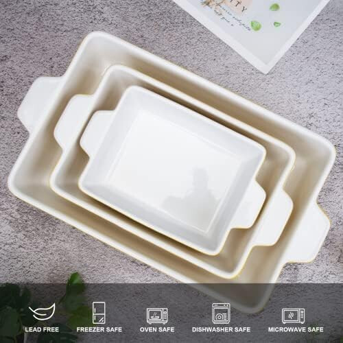3Piece Ceramic Bakeware Set with Handles, OventoTable Rectangular Dishes, Microwave Dishwasher Safe, Yellow 2