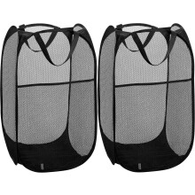 Efficiënt wasgoedbeheer: opvouwbare wasmand van gaas met brede opening en ingebouwd zijvak, ideaal voor op reis.