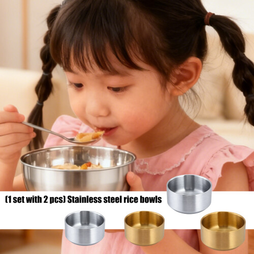 2 Pack Stainless Steel Rice Bowls Shatterproof-silver 10.5cm 2