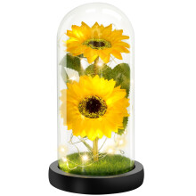 Sunflower Gift in Glass Dome with Warm LED Lights, Eternal Flower Decoration for Mom and Grandma