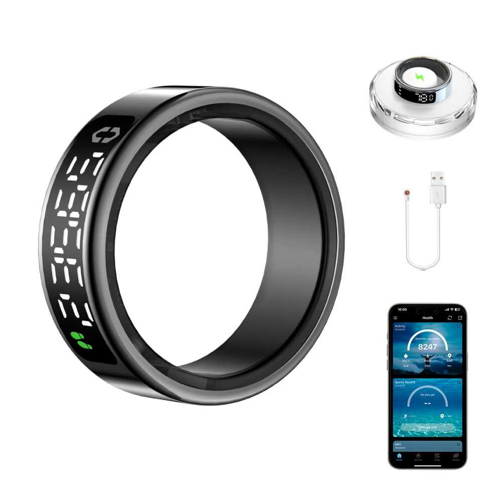Black Smart Health Ring With Screen, Heart Rate And Sleep Tracking, Fitness Monitor Ip68 For Iphone And Android 11