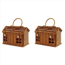 2X Rattan House Shaped Basket with Lid, Decorative Hand Woven Shelf Organizer with Folding Handle, Harvest Wicker Basket