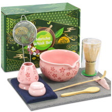 Matcha Tea Set with Cherry Blossom Ceramic Bowl, Bamboo Whisk Kit, Scoop, Sifter and Storage Can