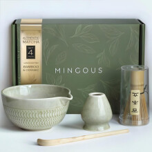 Matcha Tea Set Ceramic Bowl with Bamboo Whisk Scoop Holder for Authentic Japanese Tea Ceremony Green