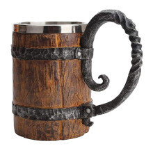 Wooden Barrel Beer Stein 18oz with Handle, Stainless Steel Viking Tankard, Vintage Medieval Style