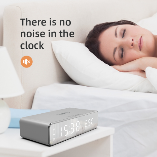Digitaler LED-Wecker mit kabellosem Ladegerät und Thermometer Silber 1