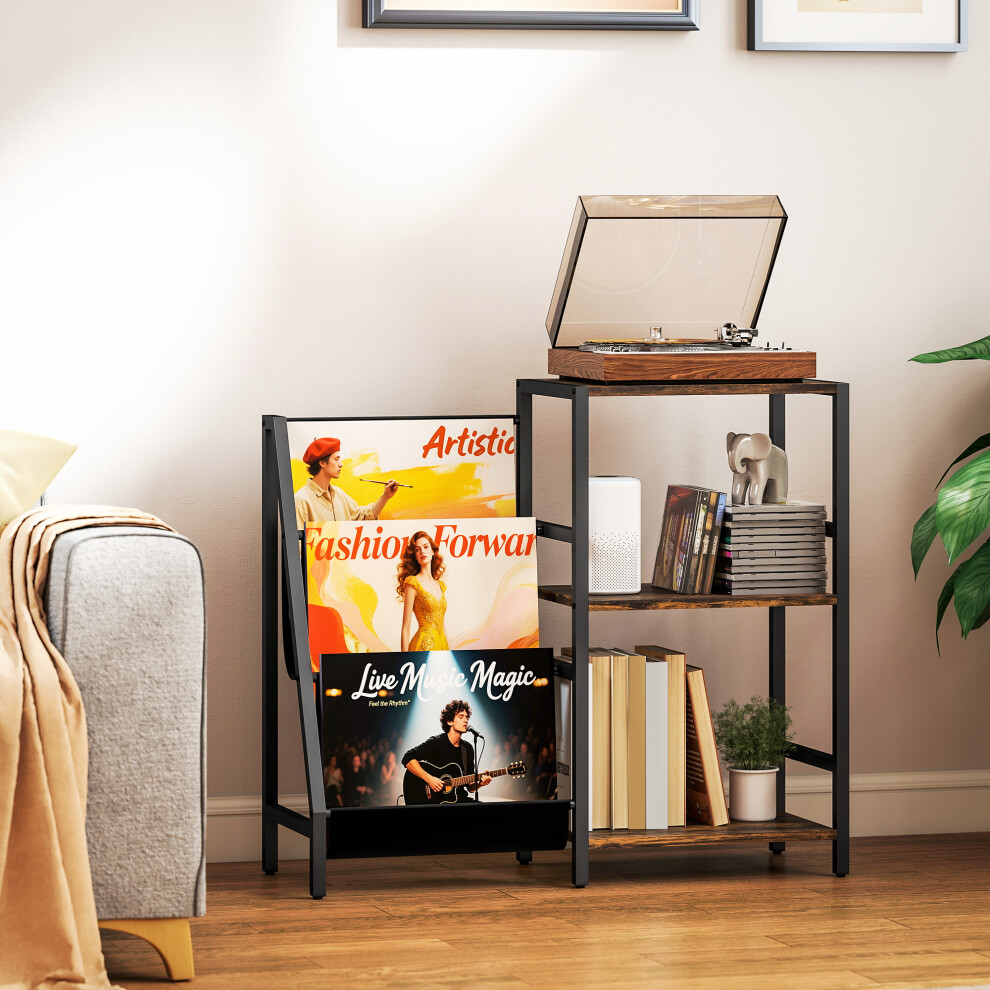 Homcom (Brown) Record Player Stand, 3-Tier Side Table With Vinyl Record Storage