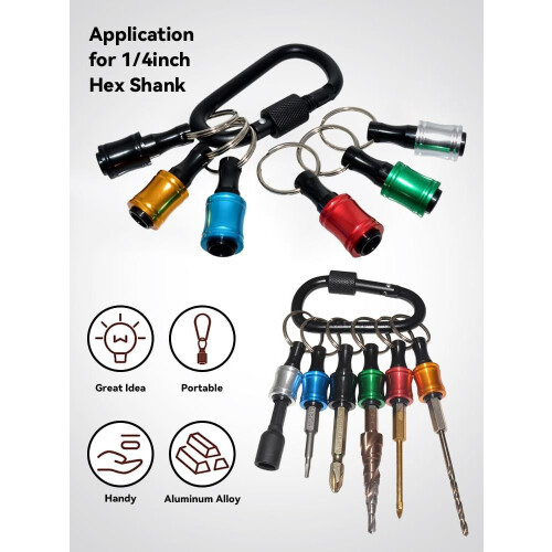 6 Pack Quick Release Bit Holders 1/4 Inch Hex Shank Color Coded Aluminum Keychain Organizer 2