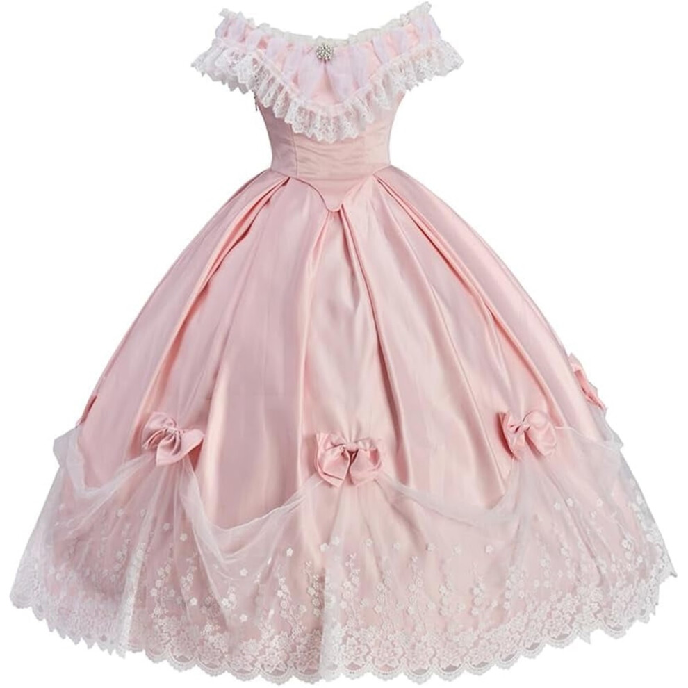 (S) Women's Pink Victorian Rococo Dress Deluxe Off Shoulder Prom Ball Gown Historical Civil War Southern Belle Dress