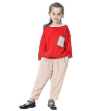 (7-8 Years, Red) Kids Girl Muslim Outfits Casual T Shirt Top Harem Pants Set Arab Islamic Clothes