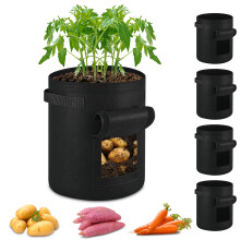 Plant Bags, Pack of 5, 260 g/m, Strong Handles for Plants, Vegetables 40L Black