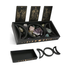 Organizzatore spirituale di pietre preziose, supporto triplo di cristallo lunare e porta carte dei tarocchi, scatola di legno con fasi lunari, legno