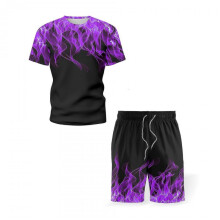 (L, Purple) Men's T-shirt Suit Sports Suit Beach Shorts + T-shirt