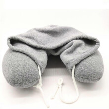 Grey Portable U Shaped Neck Pillow with Drawstring Hood - Grey Tw