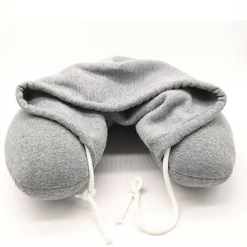 Grey Portable U Shaped Neck Pillow with Drawstring Hood - Grey Tw