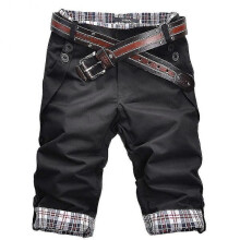 (M, Black) Men Plaid Patchwork Pockets Buttons Fifth Pants Loose Beach Shorts Tw