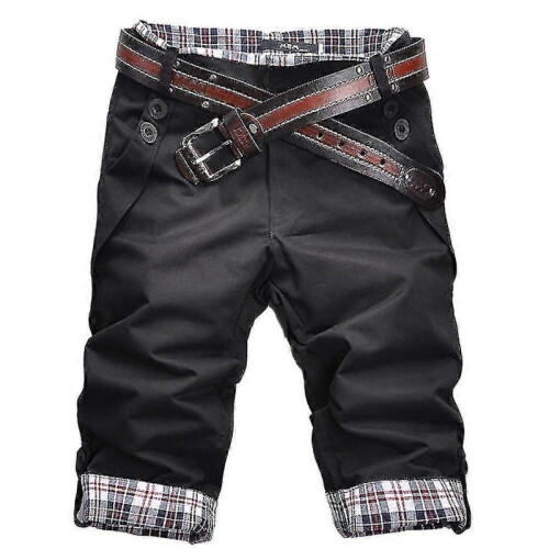 (L, Black) Men Plaid Patchwork Pockets Buttons Fifth Pants Loose Beach Shorts Tw