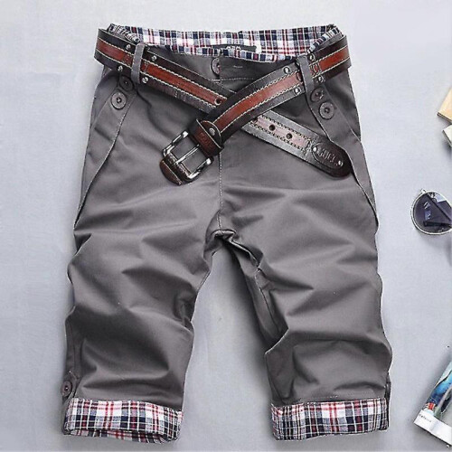(L, Black) Men Plaid Patchwork Pockets Buttons Fifth Pants Loose Beach Shorts Tw 2