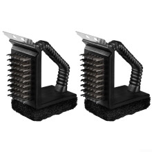2part grill cleaning brush set with ergonomic handle and brass bristles, stainless steel bristles, scouring sponge for porcelain