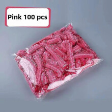 (Pink) 100Pcs Disposable Shower Bonnet Bath Elastic Cap Waterproof Woman Head Hair Cover Dye Bathing Sauna Hat Plastic