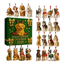Christmas Dog Ornament Advent Toy 2D Flat Acrylic Puppy Pendant 24 Days Countdown Calendar for Xmas Tree Decor Kids Gifts