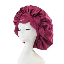 (Burgundy) Women Satin Tie Bonnet Spandex Wide Stretchy Band Long Tail Satin Cheveux Nuit Silk Sleeping Night Cap Bonnets for Women