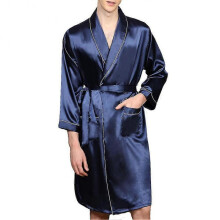 (S, Dark Blue and White) Seeunique Men's Satin Robe With Shorts - Nightgown Soft Printed Bathrobes Pajamas Tw