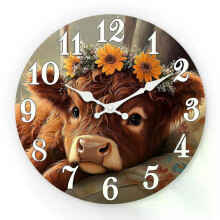 Highland Cow Wooden Wall Clock Living Room Bedroom Kitchen Home Decoration Silent Quartz Clock Holiday Gift