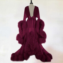 (wine) Women Fashion Tulle Robe Long Lingerie Nightgown Bathrobe Sleepwear Feather Bridal Robe Lace Lingerie Tw