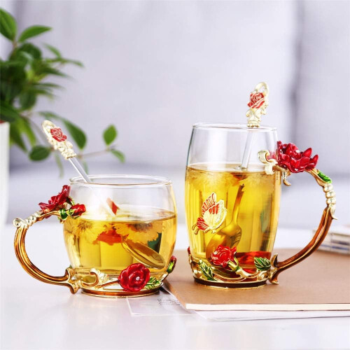 Κούπα τσαγιού Red Rose Butterfly, χωρητικότητας 320ml, γυαλί χωρίς μόλυβδο, κομψή και 2