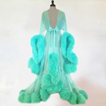 (green) Women Fashion Tulle Robe Long Lingerie Nightgown Bathrobe Sleepwear Feather Bridal Robe Lace Lingerie Tw