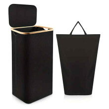 Panier à linge avec couvercle, imperméable et durable, pliable, avec poignées en bambou et sac intérieur amovible, facile à transporter.