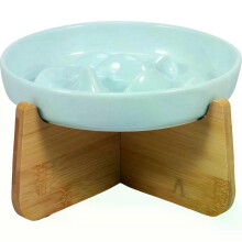 (Light Green) Slow Feeder Bowl with Wood Stand Ceramic Raised Cat for Neck Protection Anti-choking Slow Eating Pet Bowl Feeding Supplies