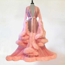 (pink) Women Fashion Tulle Robe Long Lingerie Nightgown Bathrobe Sleepwear Feather Bridal Robe Lace Lingerie Tw
