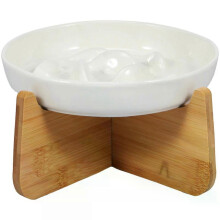 (White) Slow Feeder Bowl with Wood Stand Ceramic Raised Cat for Neck Protection Anti-choking Slow Eating Pet Bowl Feeding Supplies