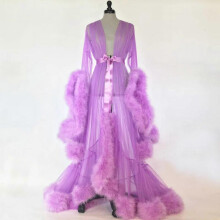 (purple) Women Fashion Tulle Robe Long Lingerie Nightgown Bathrobe Sleepwear Feather Bridal Robe Lace Lingerie Tw