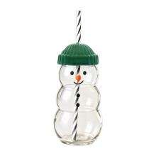 Snowman Shaped Glass Straw Cup Cute Christmas Theme Green Hat Transparent Bottle Leak-Proof Portable Daily Use Coffee Cup