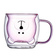 (Pink) Cute Bear Glass Tea Coffee Cup with Handle Milk Cup Double Wall Insulated Glass Cups for Birthday Holiday Moving Gift