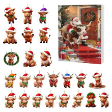 Highland Cow Advent Calendar 24 Days Countdown to Christmas 2D Flat Acrylic Hanging Pendant for Home Wall Window Fireplace Decor