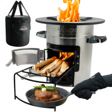 AREBOS Rocket Stove incl. Cast Iron Grill Pan with Carrying Bag & Gloves |Dutch Oven BBQ | Portable Camping Cooker Wood Stove | Outdoor Kitchen|Silver