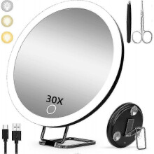 30X Magnifying Mirror with Light, 15cm 3 Color Modes Dimming, with 3 Suction Cups and 360 Table Stand A-M Edition 0926