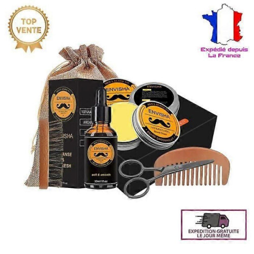 Beard Kit, 6pcs Beard Care Set, Beard Oil, Comb, Brush, Balm, Scissors - Men