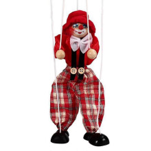 (Red) Marionette Clown Puppet Toy Pull Rope Wooden Puppet Doll Interactive Kids Hand Pirate Puppetry Boys