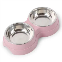 Bebedouro duplo para animais de estimação em aço inoxidável, ideal para gatos e filhotes, acessório para cães e gatos na cor rosa.