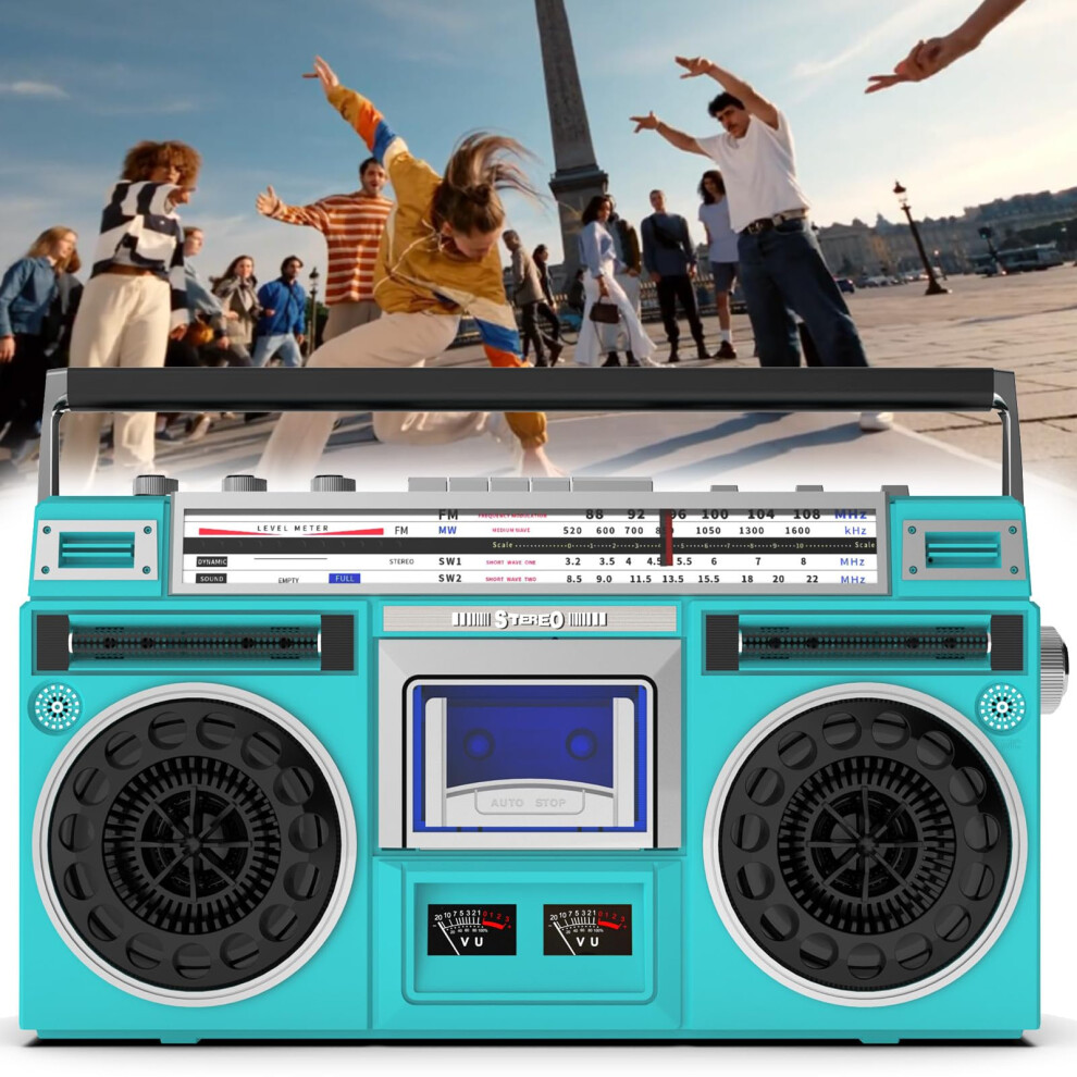 Portable Cassette Stereo Speaker And Tape Player Bluetooth Boombox With Earphone Jack Am Fm Sw Radio Sd Usb Input Teal 9001264088774