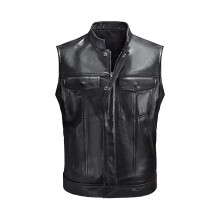 Motorcycle Vest Men's Leather Biker Vest Slim Fit Black M Adjustable, Motorcycle Club Style, Rocker Look