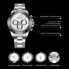 Montre à quartz pour homme avec mouvement japonais, chronographe, bracelet en acier inoxydable, étanche, verre saphir, aiguilles lumineuses,