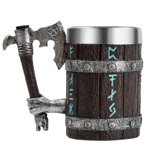 Viking Beer Stein with Battleaxe Handle, HandPainted Oak Barrel Mug, 17oz Stainless Steel Liner